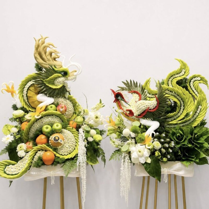 Tráp Rồng Phượng Trái Cây Cao Cấp Tông Xanh Trắng Sang Trọng