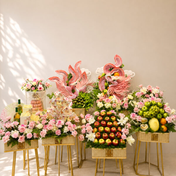 Mâm Quả Cưới Hỏi Long Phụng Hồng Pastel Đẹp Tại Cần Đước Long An