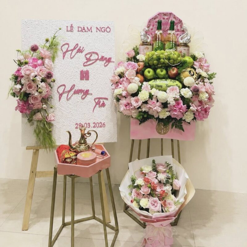 Tráp Dạm Ngõ Hoa Hồng Hồng Pastel Kèm Mâm Trái Cây Cao Cấp