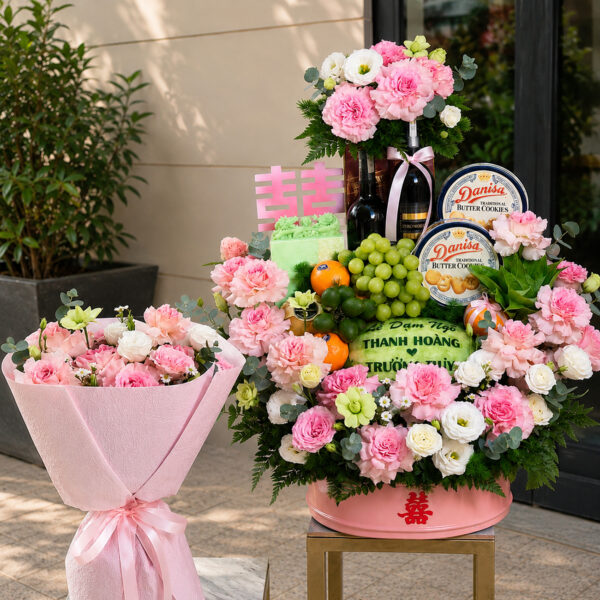 Tráp dạm ngõ hoa hồng hồng pastel cao cấp kèm bó hoa cô dâu tại Cần Đước Long An.